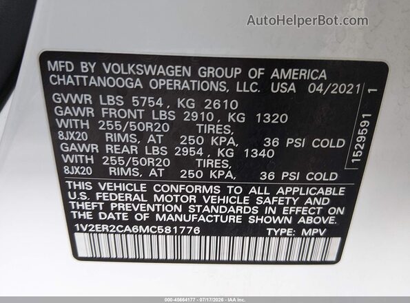 1V2ER2CA6MC581776 2021 VOLKSWAGEN ATLAS White Widok komory silnika
