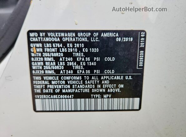 1V2ER2CA8KC606447 2019 VOLKSWAGEN ATLAS White VIN կոդի պիտակի տեսք