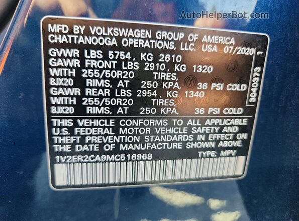 1V2ER2CA9MC516968 2021 VOLKSWAGEN ATLAS Blue Вид наклейки з VIN-кодом