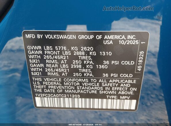 1V2FC2CA0TC211203 2026 VOLKSWAGEN ATLAS Blue Շարժիչի բաժամունքի տեսք