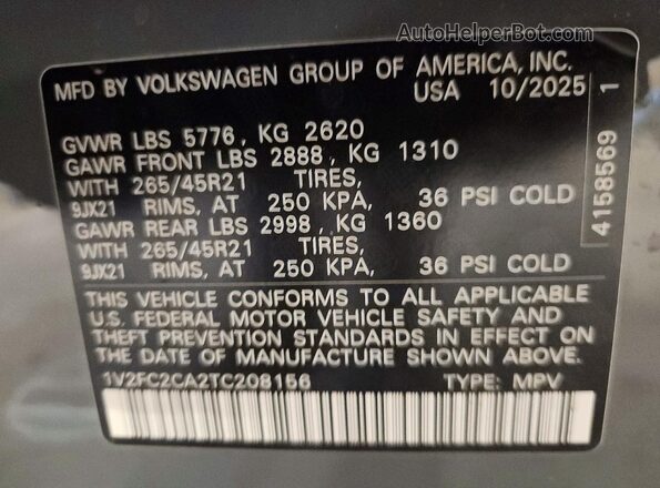 1V2FC2CA2TC208156 2026 VOLKSWAGEN ATLAS Gray Vista interior de 360 grados