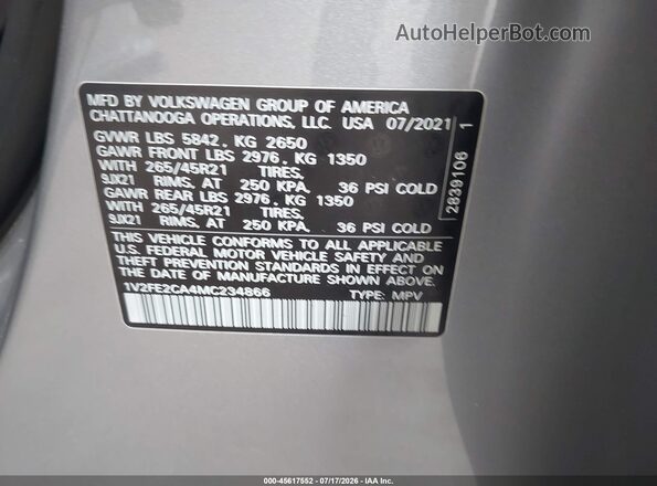 1V2FE2CA4MC234866 2021 VOLKSWAGEN ATLAS Silver Engine compartment view