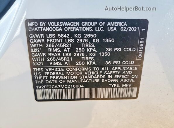 1V2FE2CA7MC216684 2021 VOLKSWAGEN ATLAS White VIN sticker view