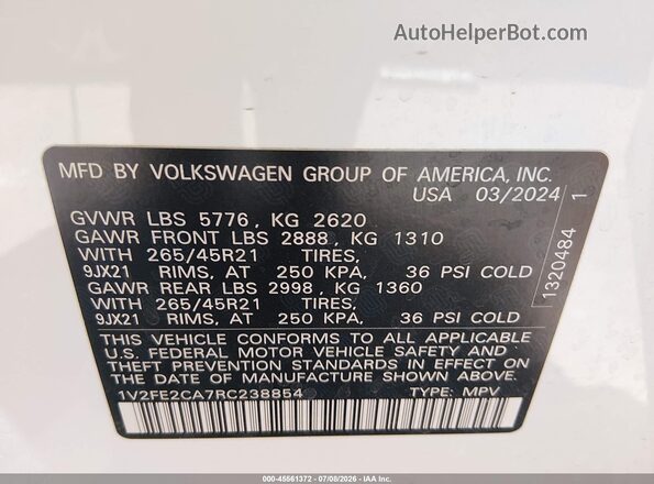 1V2FE2CA7RC238854 2024 VOLKSWAGEN ATLAS White Շարժիչի բաժամունքի տեսք