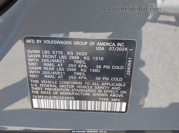 1V2FE2CA7RC253905 2024 VOLKSWAGEN ATLAS Gray ძრავის განყოფილების ხედი
