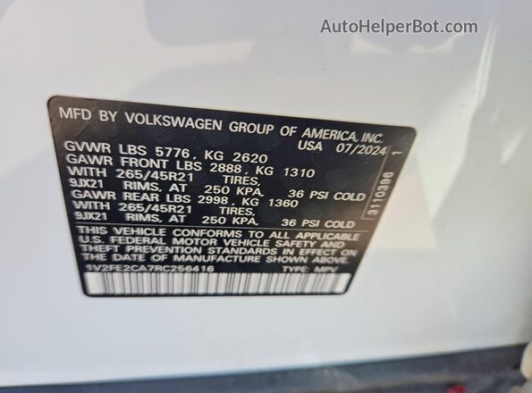 1V2FE2CA7RC256416 2024 VOLKSWAGEN ATLAS White ძრავის განყოფილების ხედი