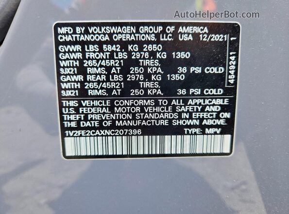1V2FE2CAXNC207396 2022 VOLKSWAGEN ATLAS Gray VIN կոդի պիտակի տեսք