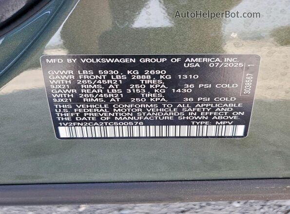 1V2FN2CA2TC500576 2026 VOLKSWAGEN ATLAS Green სალონის 360-გრადუსიანი ხედი