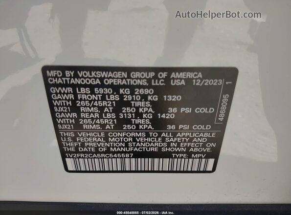 1V2FR2CA5RC545587 2024 VOLKSWAGEN ATLAS White Շարժիչի բաժամունքի տեսք