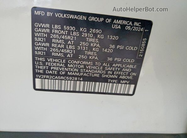 1V2FR2CA5RC592814 2024 VOLKSWAGEN ATLAS Белый Панорамный вид салона 360°