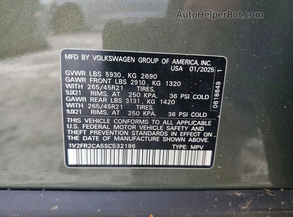 1V2FR2CA5SC532196 2025 VOLKSWAGEN ATLAS Green Vista de la etiqueta del VIN