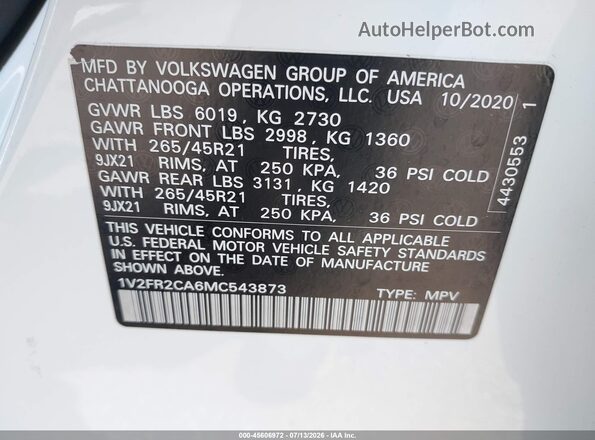 1V2FR2CA6MC543873 2021 VOLKSWAGEN ATLAS White Vista del compartimento del motor