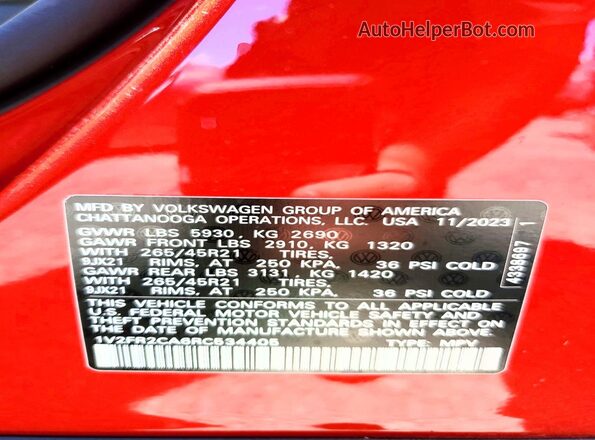 1V2FR2CA6RC534405 2024 VOLKSWAGEN ATLAS Red Widok wnętrza 360 stopni