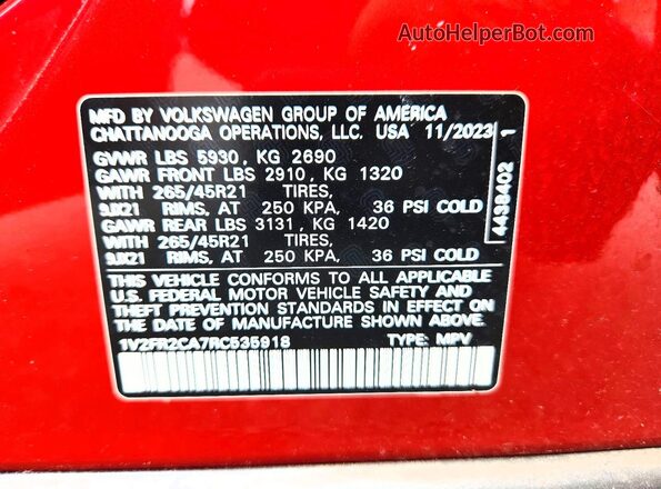 1V2FR2CA7RC535918 2024 VOLKSWAGEN ATLAS Red Widok naklejki z numerem VIN