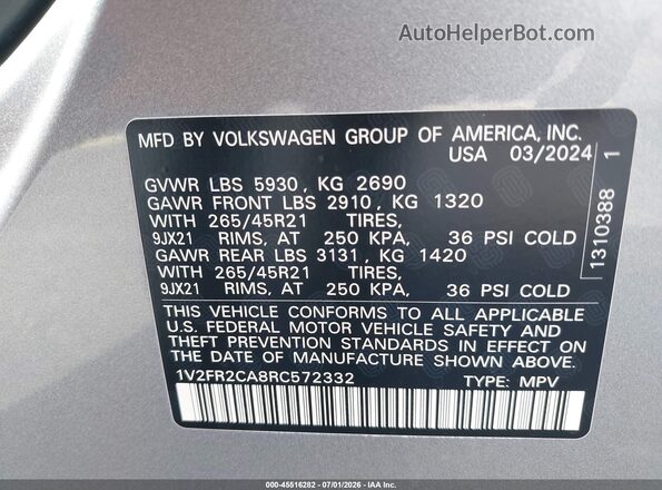 1V2FR2CA8RC572332 2024 VOLKSWAGEN ATLAS Silver Engine compartment view