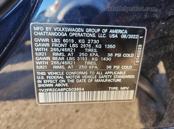 1V2FR2CA9PC503954 2023 VOLKSWAGEN ATLAS Black Widok naklejki z numerem VIN