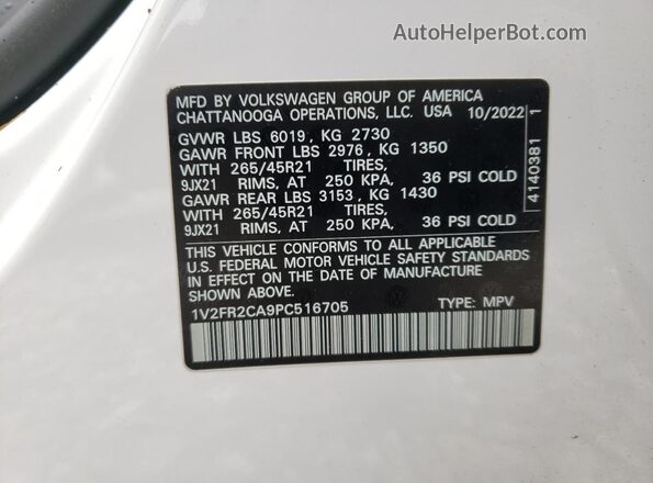 1V2FR2CA9PC516705 2023 VOLKSWAGEN ATLAS White VIN կոդի պիտակի տեսք