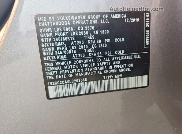 1V2GC2CA0LC203655 2020 VOLKSWAGEN ATLAS Серебряный Вид наклейки с VIN-кодом