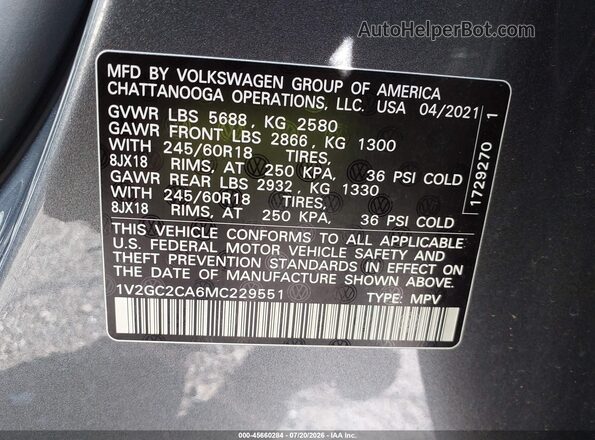 1V2GC2CA6MC229551 2021 VOLKSWAGEN ATLAS Gray Вид підкапотного простору