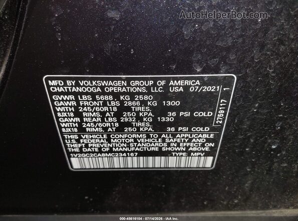 1V2GC2CA8MC234167 2021 VOLKSWAGEN ATLAS Black Widok komory silnika