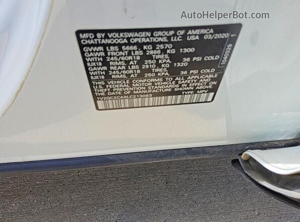 1V2GC2CA9LC213083 2020 VOLKSWAGEN ATLAS White VIN კოდის სტიკერის ხედი