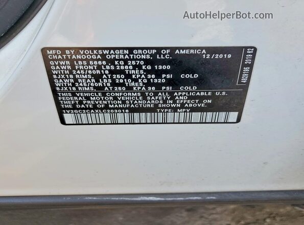 1V2GC2CAXLC203016 2020 VOLKSWAGEN ATLAS White Widok wnętrza 360 stopni