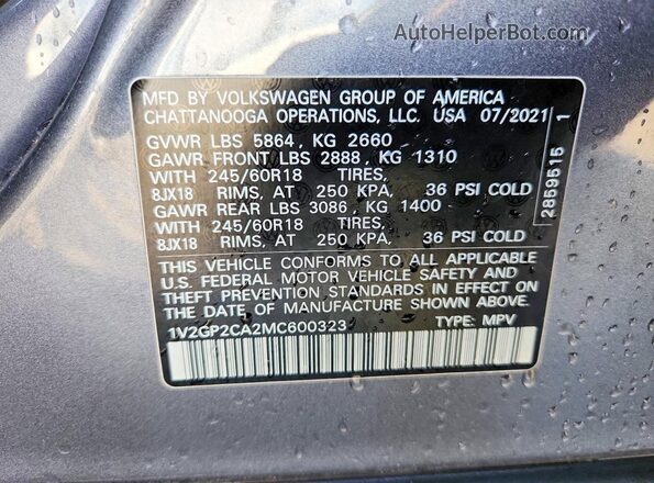 1V2GP2CA2MC600323 2021 VOLKSWAGEN ATLAS Gray VIN კოდის სტიკერის ხედი