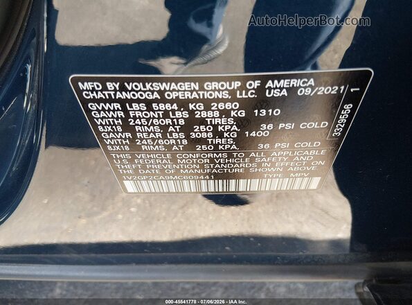 1V2GP2CA9MC609441 2021 VOLKSWAGEN ATLAS Blue Widok komory silnika
