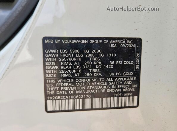 1V2GR2CA1RC622170 2024 VOLKSWAGEN ATLAS Белый Вид наклейки с VIN-кодом