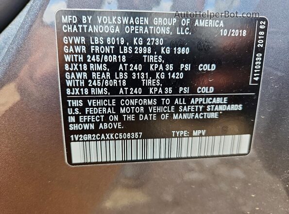 1V2GR2CAXKC506357 2019 VOLKSWAGEN ATLAS Gray Вид наклейки з VIN-кодом