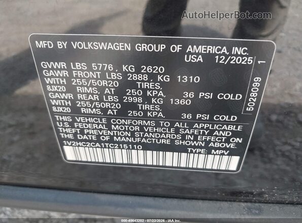 1V2HC2CA1TC215110 2026 VOLKSWAGEN ATLAS Black Widok komory silnika