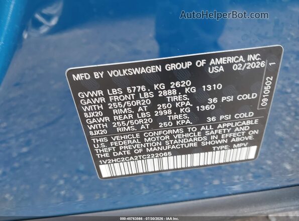 1V2HC2CA2TC222065 2026 VOLKSWAGEN ATLAS Blue Vista del compartimento del motor