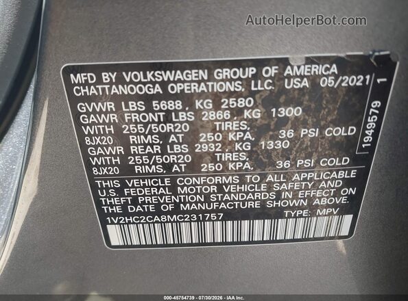 1V2HC2CA8MC231757 2021 VOLKSWAGEN ATLAS Black Engine compartment view