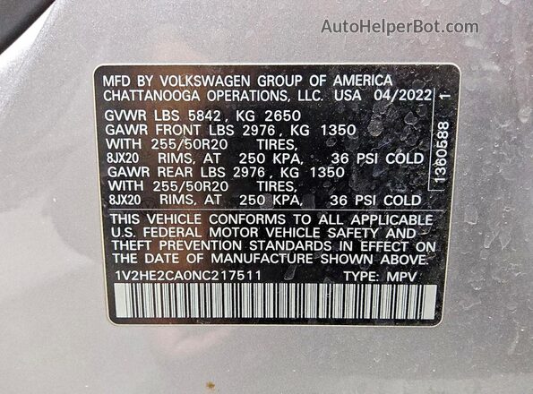 1V2HE2CA0NC217511 2022 VOLKSWAGEN ATLAS Silver VIN sticker view