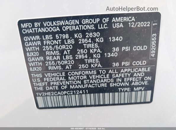 1V2HE2CA0PC212411 2023 VOLKSWAGEN ATLAS Белый Вид подкапотного пространства
