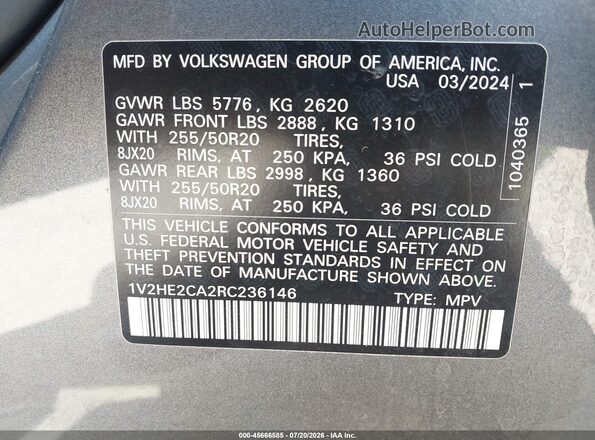 1V2HE2CA2RC236146 2024 VOLKSWAGEN ATLAS Gray Вид підкапотного простору