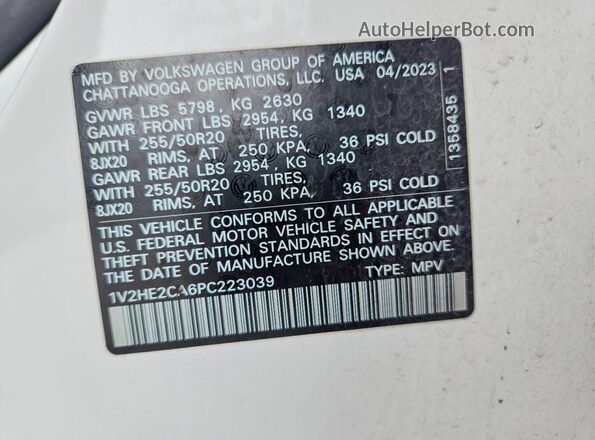1V2HE2CA6PC223039 2023 VOLKSWAGEN ATLAS White Панорамний вид салону 360°
