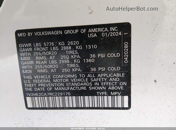 1V2HE2CA7RC229175 2024 VOLKSWAGEN ATLAS White Vista del compartimento del motor