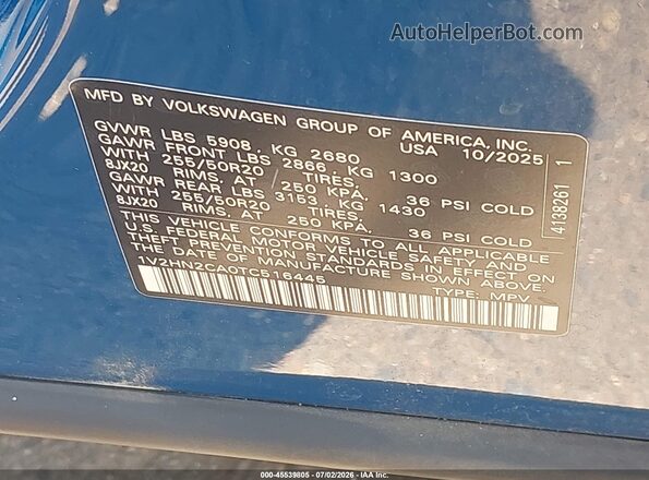 1V2HN2CA0TC516445 2026 VOLKSWAGEN ATLAS Blue Engine compartment view