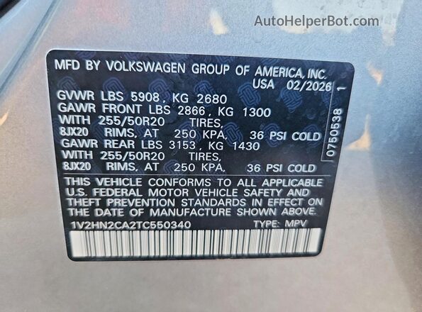 1V2HN2CA2TC550340 2026 VOLKSWAGEN ATLAS Silver VIN sticker view