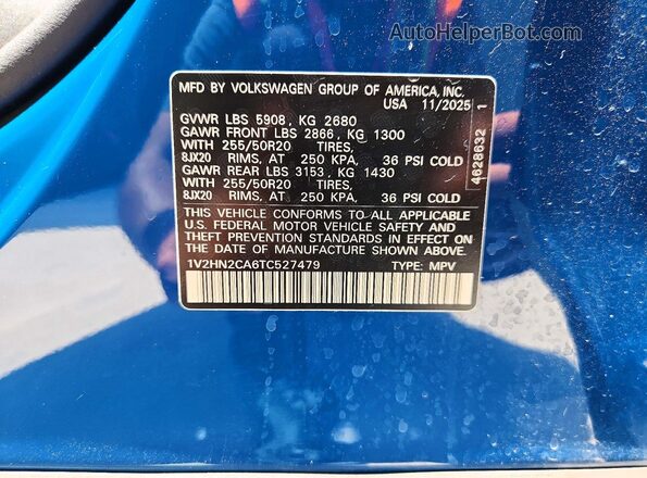 1V2HN2CA6TC527479 2026 VOLKSWAGEN ATLAS Blue Вид наклейки з VIN-кодом