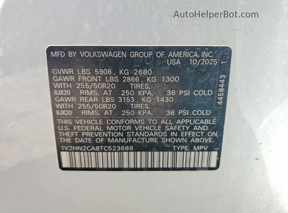 1V2HN2CA8TC523689 2026 VOLKSWAGEN ATLAS White Widok naklejki z numerem VIN