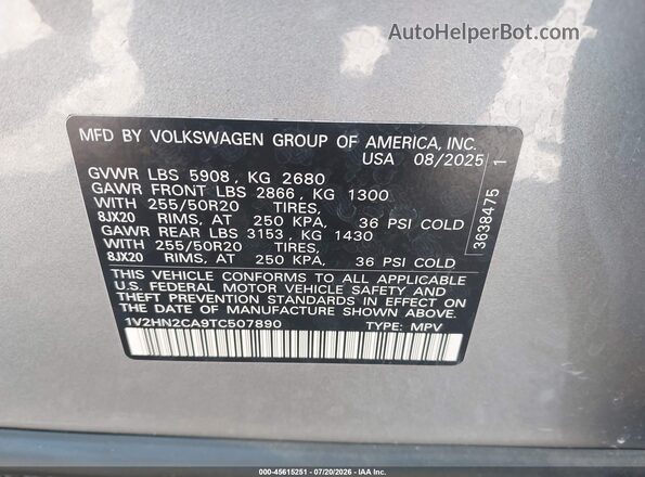 1V2HN2CA9TC507890 2026 VOLKSWAGEN ATLAS Silver Widok komory silnika