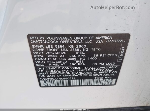 1V2HP2CA4NC560624 2022 VOLKSWAGEN ATLAS White Widok komory silnika