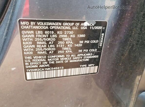 1V2HR2CA1MC545913 2021 VOLKSWAGEN ATLAS Серебряный Вид наклейки с VIN-кодом