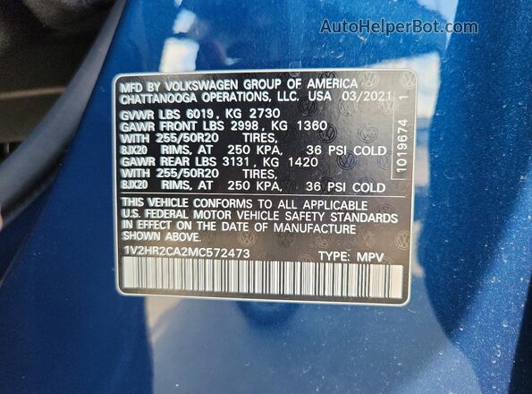 1V2HR2CA2MC572473 2021 VOLKSWAGEN ATLAS Blue Vista de la etiqueta del VIN