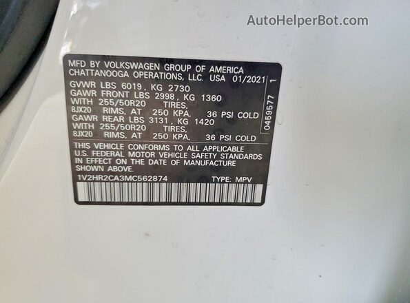 1V2HR2CA3MC562874 2021 VOLKSWAGEN ATLAS White Widok wnętrza 360 stopni