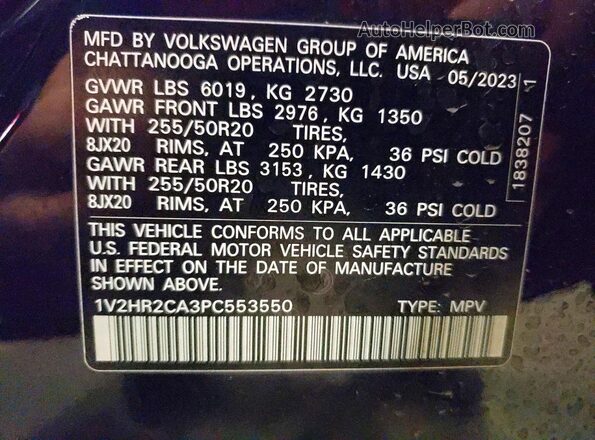 1V2HR2CA3PC553550 2023 VOLKSWAGEN ATLAS Black VIN կոդի պիտակի տեսք