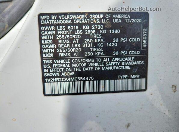 1V2HR2CA4MC554475 2021 VOLKSWAGEN ATLAS White Շարժիչի բաժամունքի տեսք