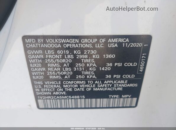 1V2HR2CA5MC548815 2021 VOLKSWAGEN ATLAS White Вид підкапотного простору